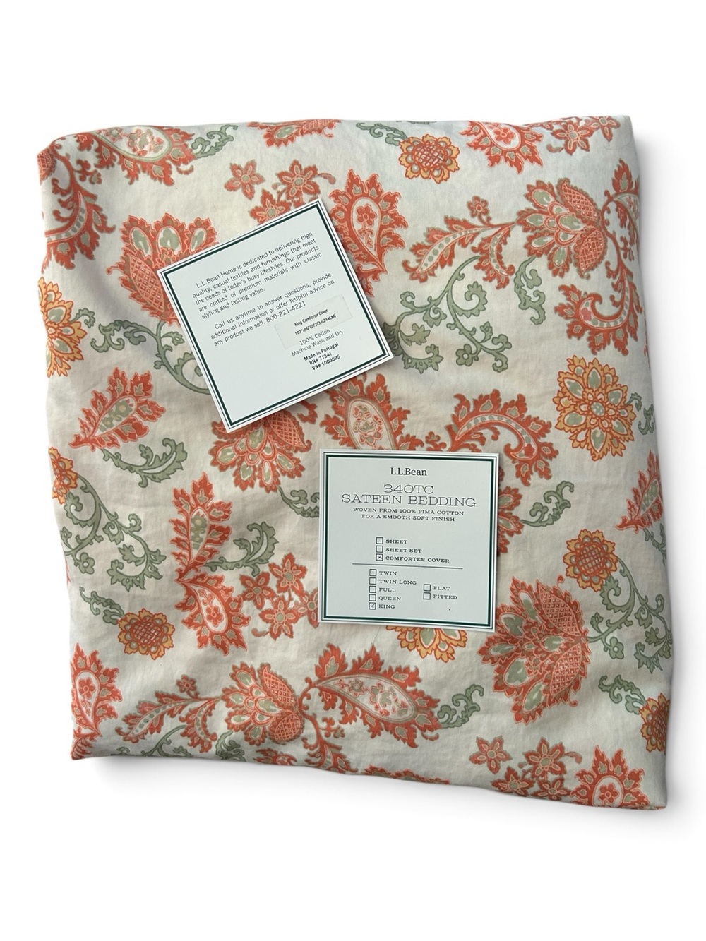 L.L. Bean Comforter Cover  Coral Sage Floral  100% Pima Cotton Made in Portugal